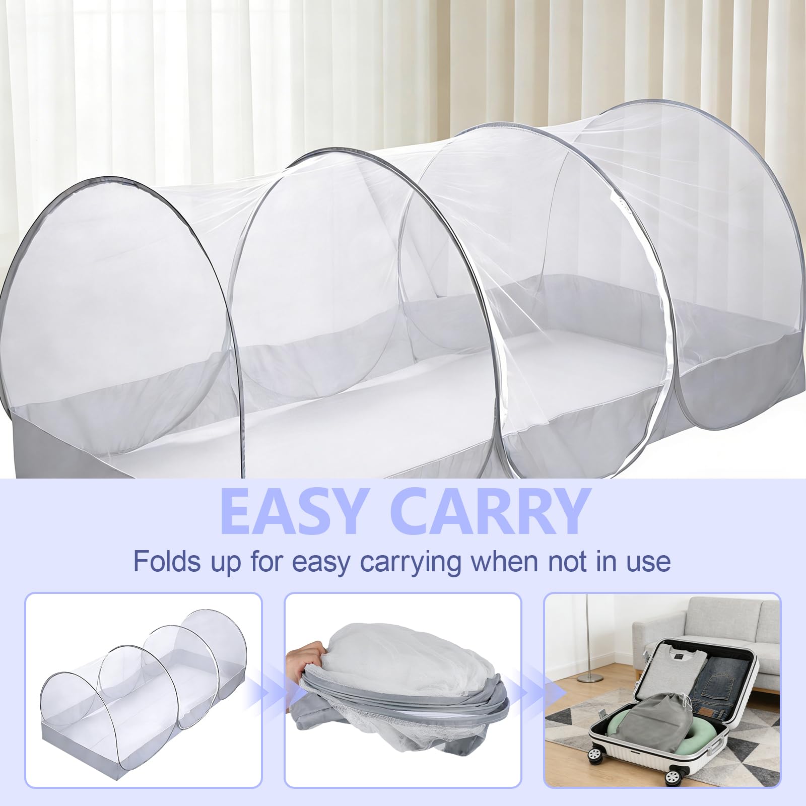 BigKing Mosquitera de Viaje, Ajustable, emergente mosquitera, portátil, Plegable, para Cama Individual con Cremallera, perfectablanco y Negro para dormitorios, Viajes o Camping (B)