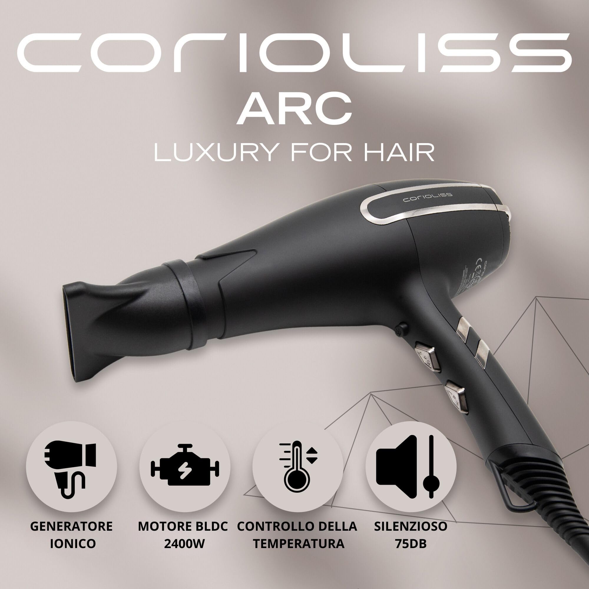 Corioliss ARC Asciugacapelli Professionale Ionico | Silenzioso 75 dB | Leggero 430 g | Motore BLDC Ultima Generazione | Estremamente Potente 2400 W | Phon per Capelli.