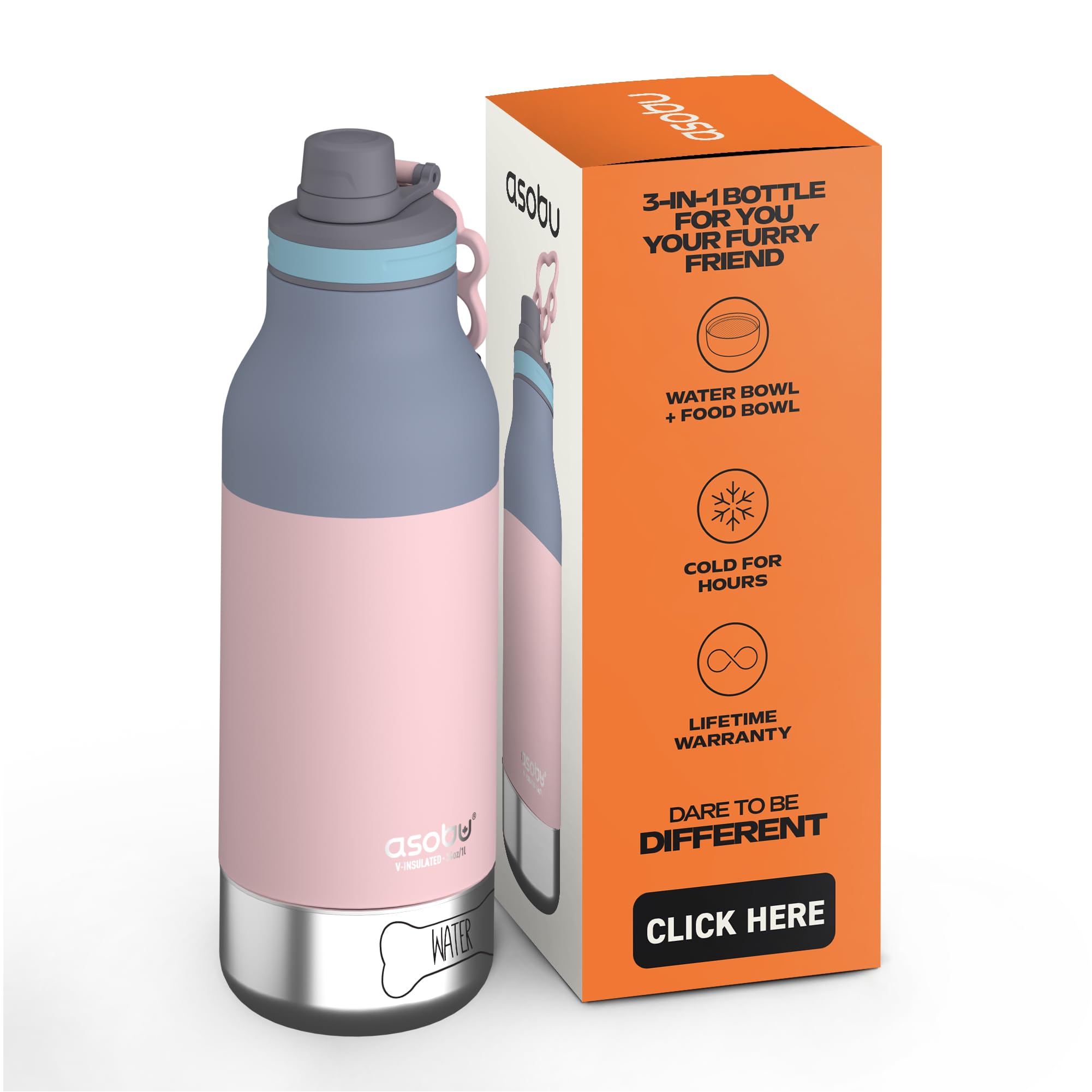 Bouteille d'eau isotherme chien Asobu 2-en-1 avec gamelle amovible rose pastel pour randonnée