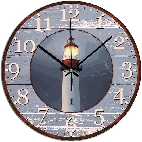 Miniatura 9 de Lighthouse - Reloj de pared redondo vintage silencioso de 15 pulgadas, sin tictac, funciona con pilas, faro costero de verano, estilo rústico,