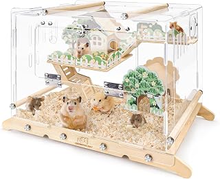 Acrylic Hamster Cage with Wooden Decorations, Full Transparent Dwarf Hamster Habitat, 18.11×11.81×13.39in Ventilated Small Animal House for Mice, Hedgehogs and Chinchillas