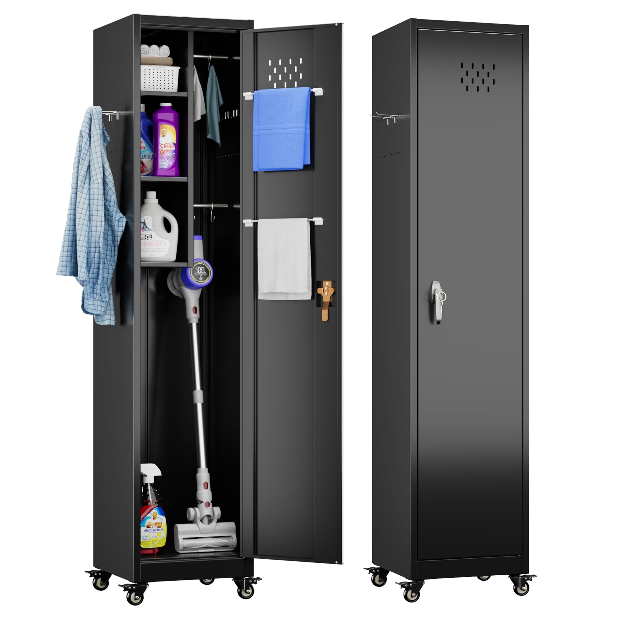 METALYEYE 72''H Metal Broom Closet Storage Cabinet with Wheels & Pegboards, Mops Broom Closet Organizer with Locking Door & Hanging Rod,Cleaning Tool Garage Storage Cabinet,Assembly Required,Black