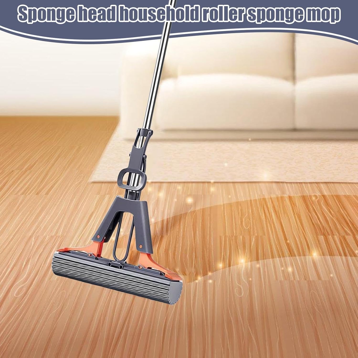 Generic Sponge Mop - Floor Roller Mop, Adjustable PVA Sponge Head | Hardwood, Laminate, Marble, Tile Floor Cleaning Sponge Mop with Navy Handle and PVA Sponge Head Refills