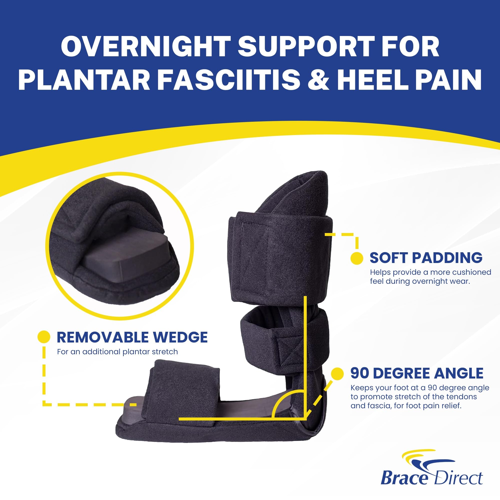 Brace Direct Férula nocturna acolchada cómoda de 90 grados, soporte de estiramiento para fascitis plantar, pie caído, tendinitis de Aquiles y dolor en el talón, mediano (EE. UU. zapatos de hombre 7.5