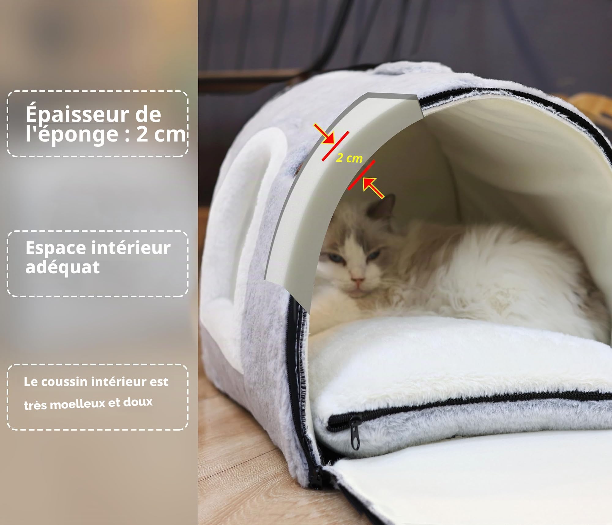 Lit pour Chat d'intérieur Doux et Confortable, avec Coussin rembourré Amovible et Lavable, lit fermé pour Chat, cachette, Tente pour Petit Chien (Gris)
