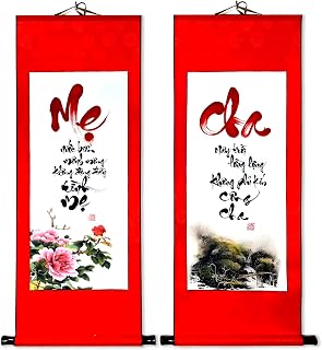 Vietnamese New Year Decorations Tet Gift Handwritten Vietnamese Calligraphy Wall Scroll Set of 2 Premium Silk Red Hanging Banners Lunar New Year Decor Traditional Home Wall Art 2026