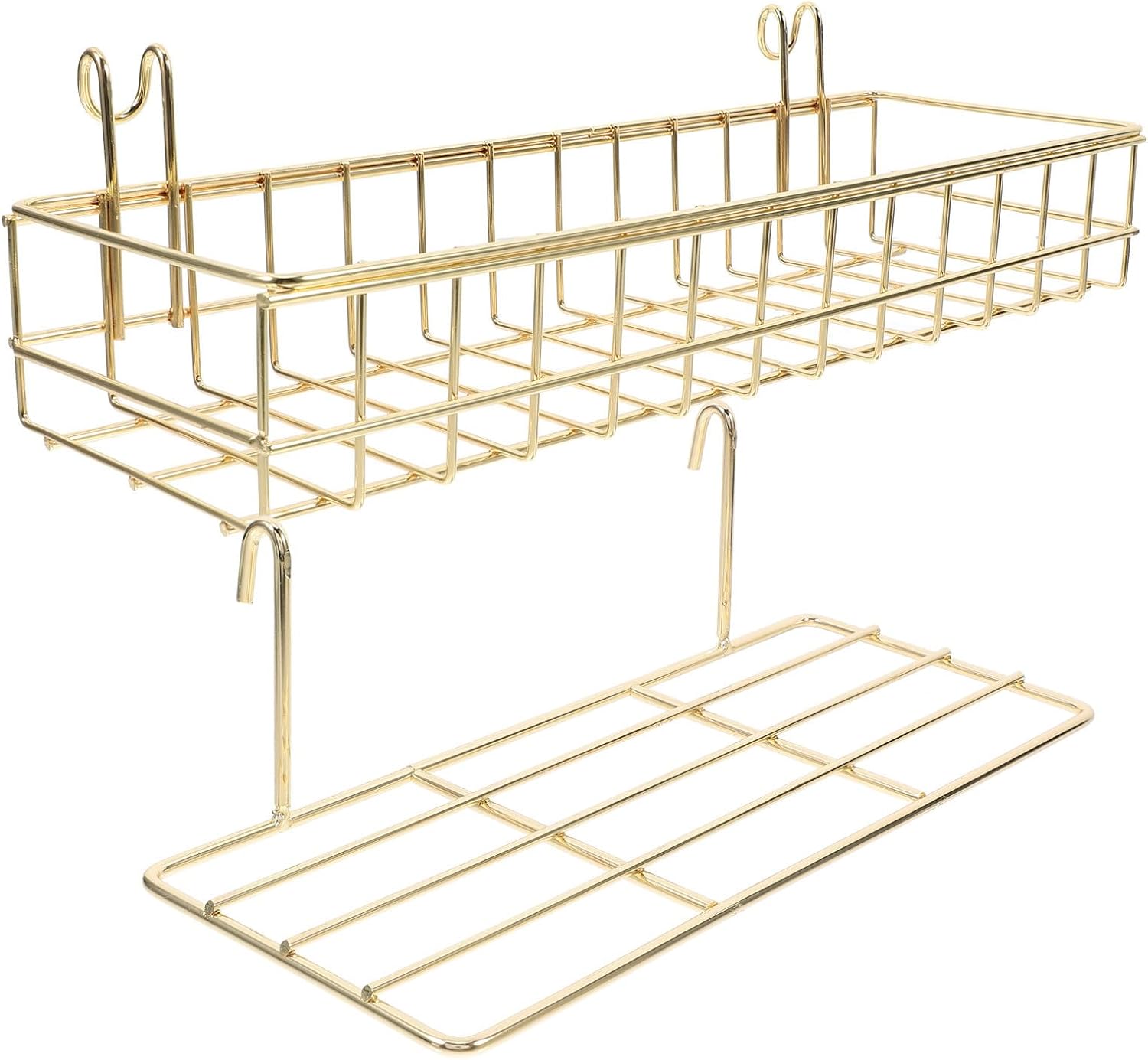 2pcs Wall-mounted Iron Grid Wall Shelves with Hooks, Minimalist Golden Wire Basket Display Holders for Home Storage and Organization