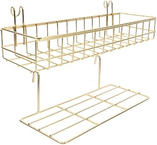 PRETYZOOM 2pcs Gold Wire Basket Grid Storage Rack Wall-mounted Iron Mesh Wall Panel Basket with Hooks Minimalist Design Easy Installation for Home Organization