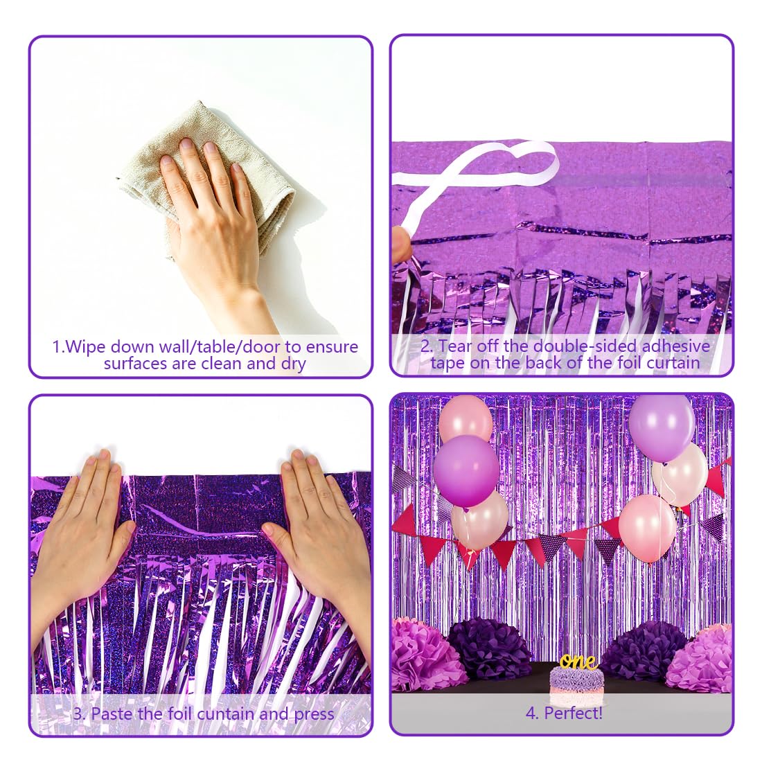 Lot De 4 Rideaux à Franges En Aluminium Violet Scintillant Pour Studio Photo, Anniversaire, Mariage, Noël