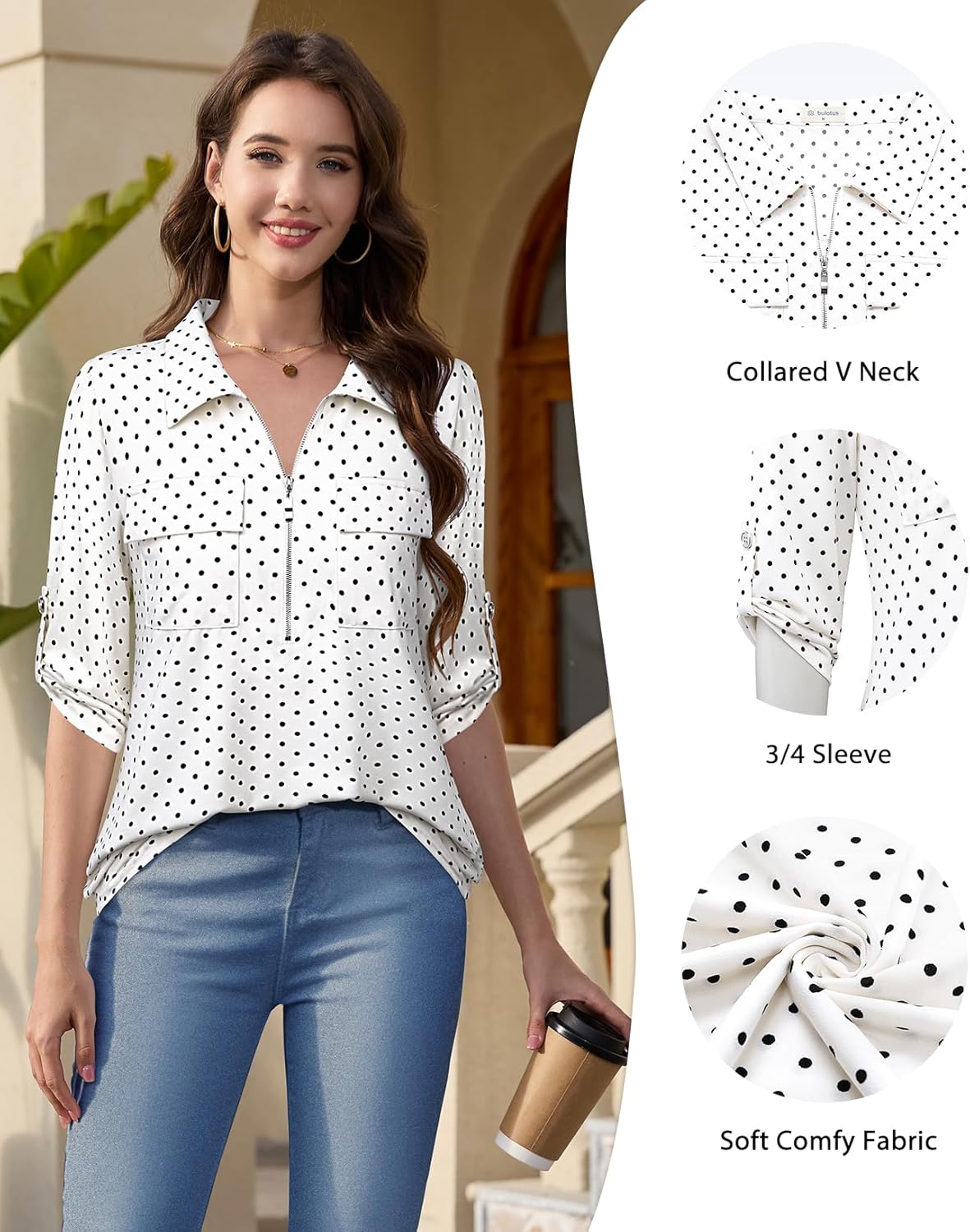 Bulotus Women's 3/4 Sleeve Collared Blouses Business Casual Tops Zip Front V Neck Work Shirts Loose Fit Tunic Tops - Image 5