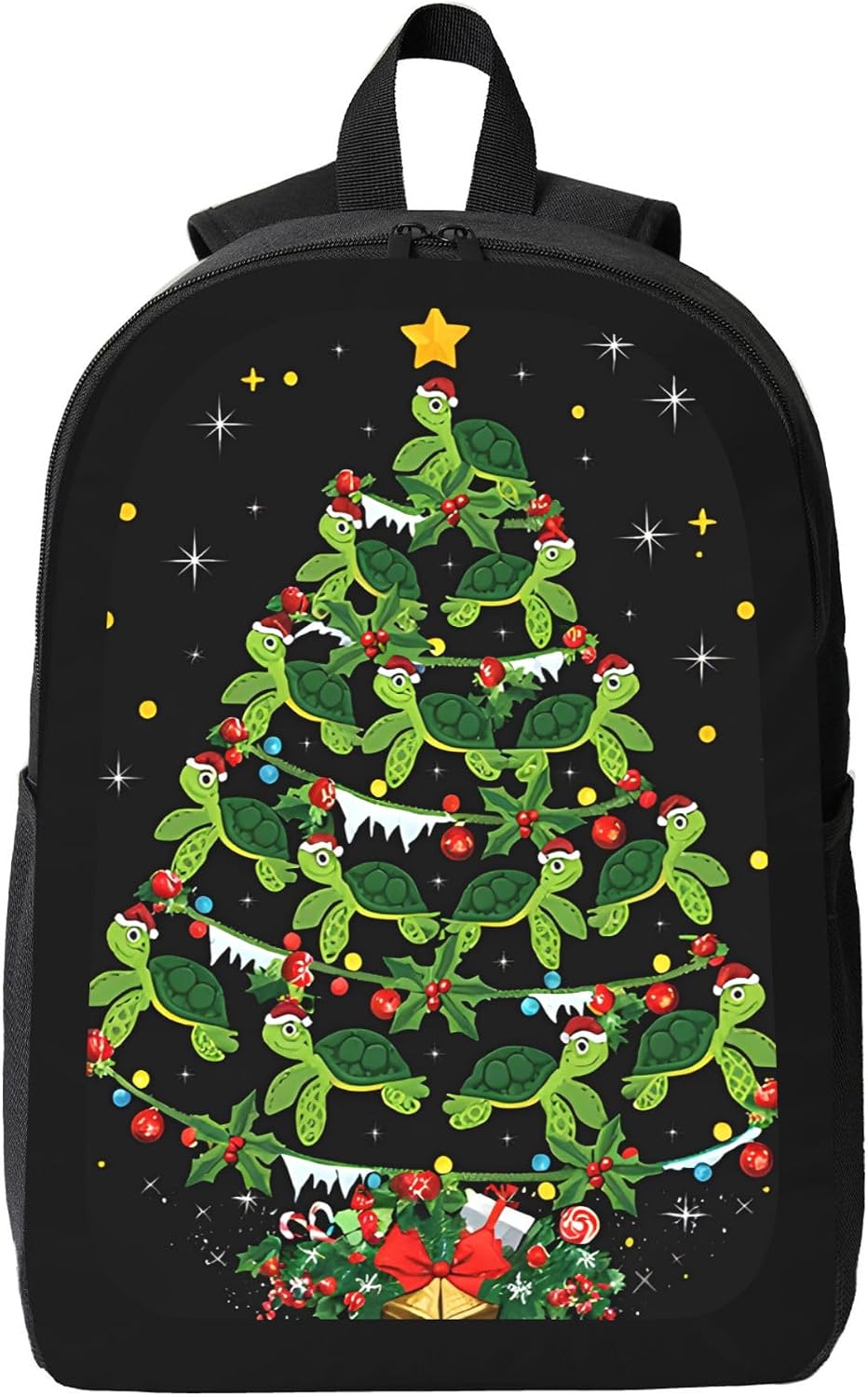 Santa Hat Turtles Stacked Christmas Tree Backpack, Cute Reptile Xmas Holiday Print Casual Outdoor Lightweight Daypack