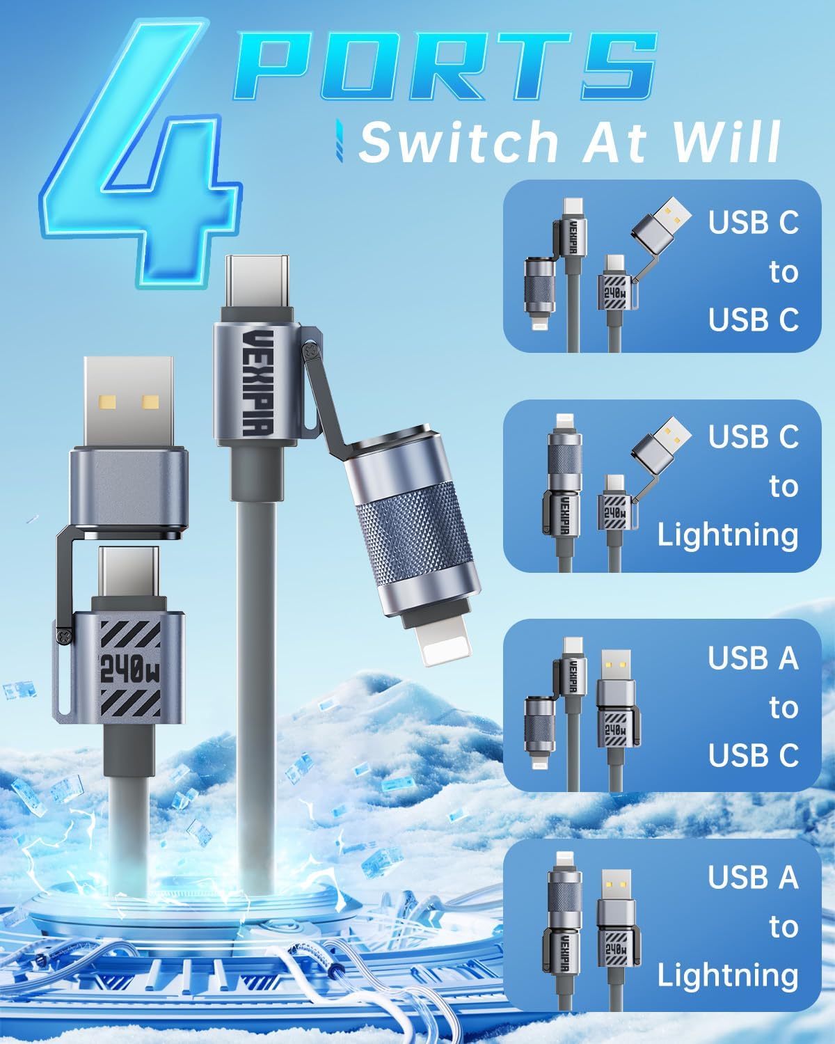 4-in-1 5FT 240W USB C Cable Bundle (Grey+Green+Pink+Blue+Yellow)