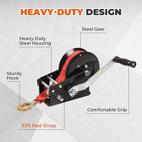 Miniatura 5 de Doppy Cabrestante de remolque de barco de 3500 libras, cabrestante manual gancho resistente con correa roja de 32 pies, relación de engranaje 4 18