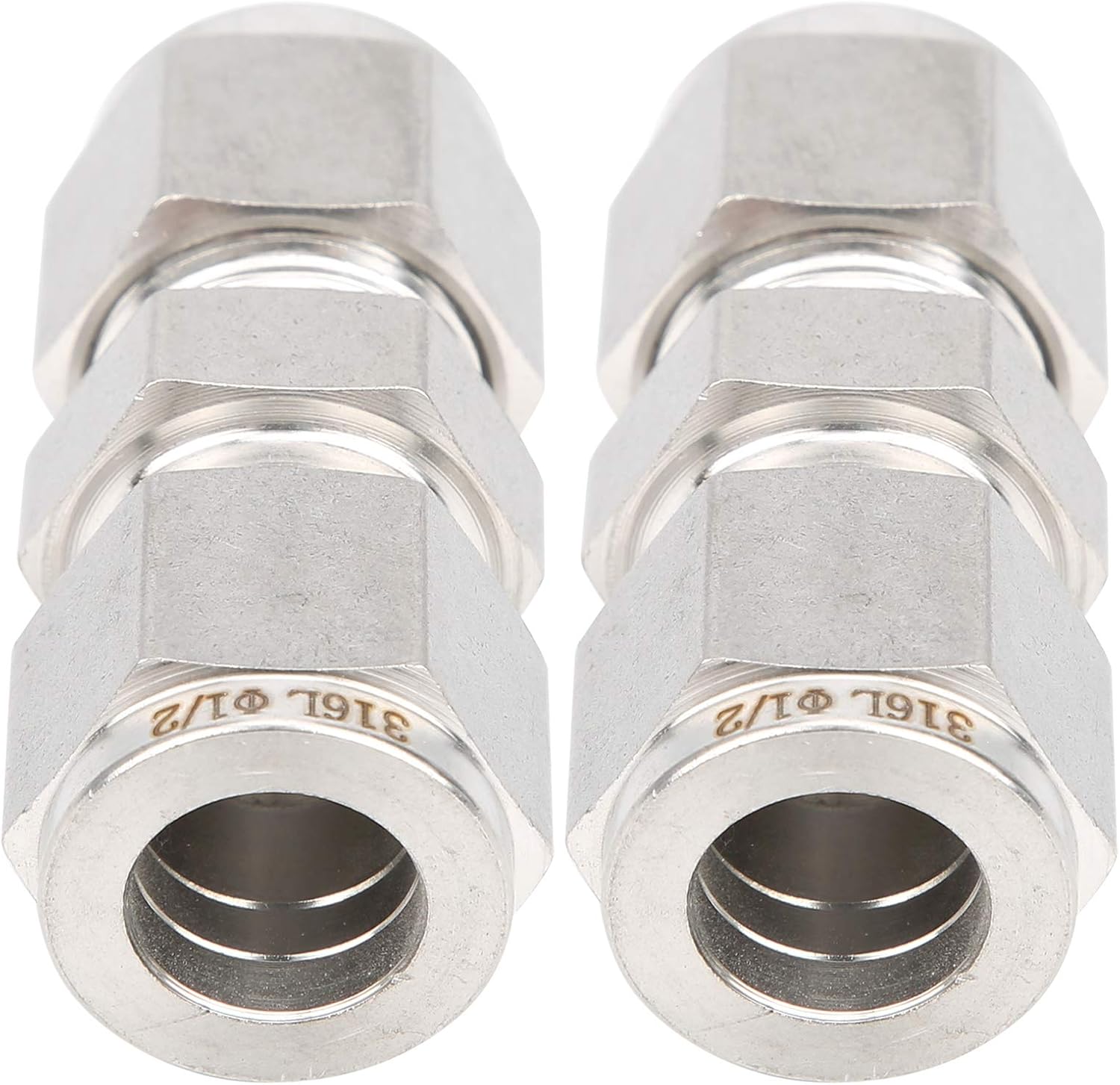 2Pcs 316 Stainless Steel Compression Fitting Straight Double Ferrule Tube Adapter, Pressure for Complex Pipeline Connections, Suitable for Liquid Gas Oil and (F1 / 2)