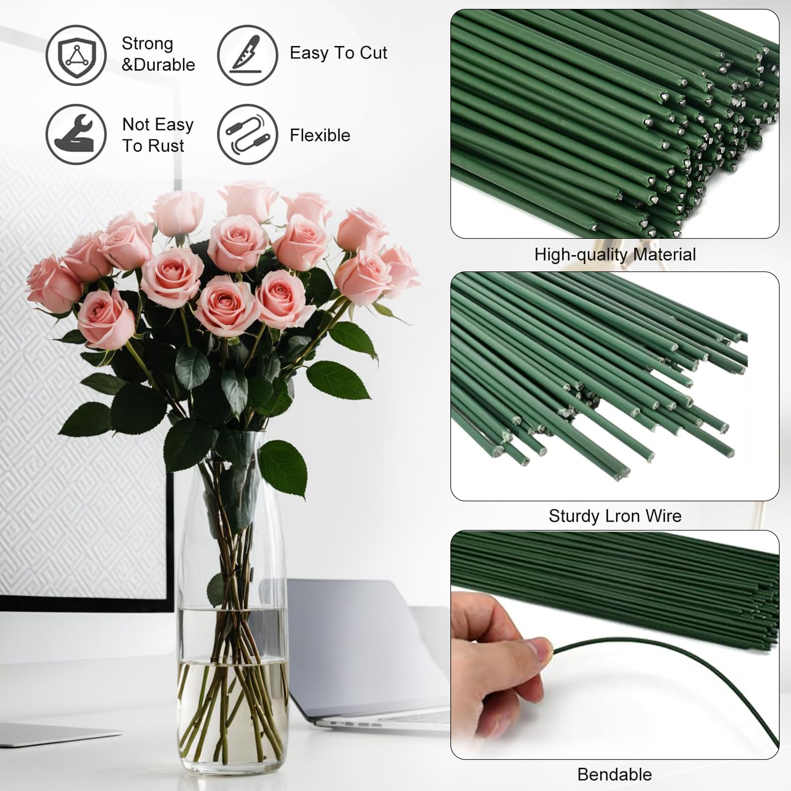 100 Stück Blumendraht Grün, 2 Mm X 30 Cm, Mit Floristenband – Flexibler Basteldraht Für Blumenarrangements & DIY