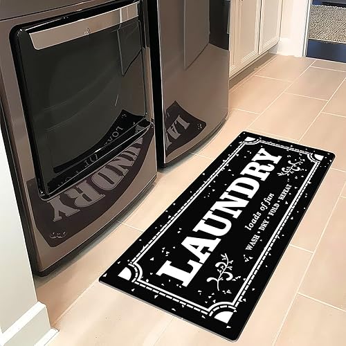 Miniatura 7 de Alfombra de lavandería en blanco y negro de 20 x 59 pulgadas, antideslizante, antifatiga, alfombra de lavandería para lavandería, vestíbulo,