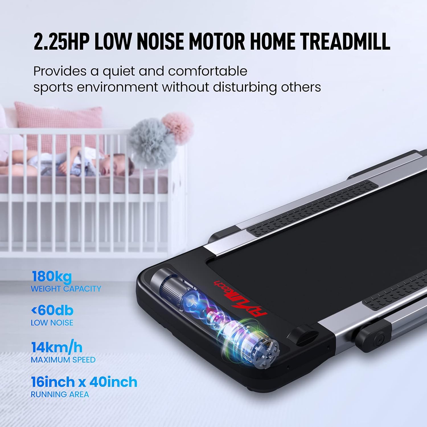 Image detailing the treadmill's motor, weight capacity, noise level, max speed, and running area