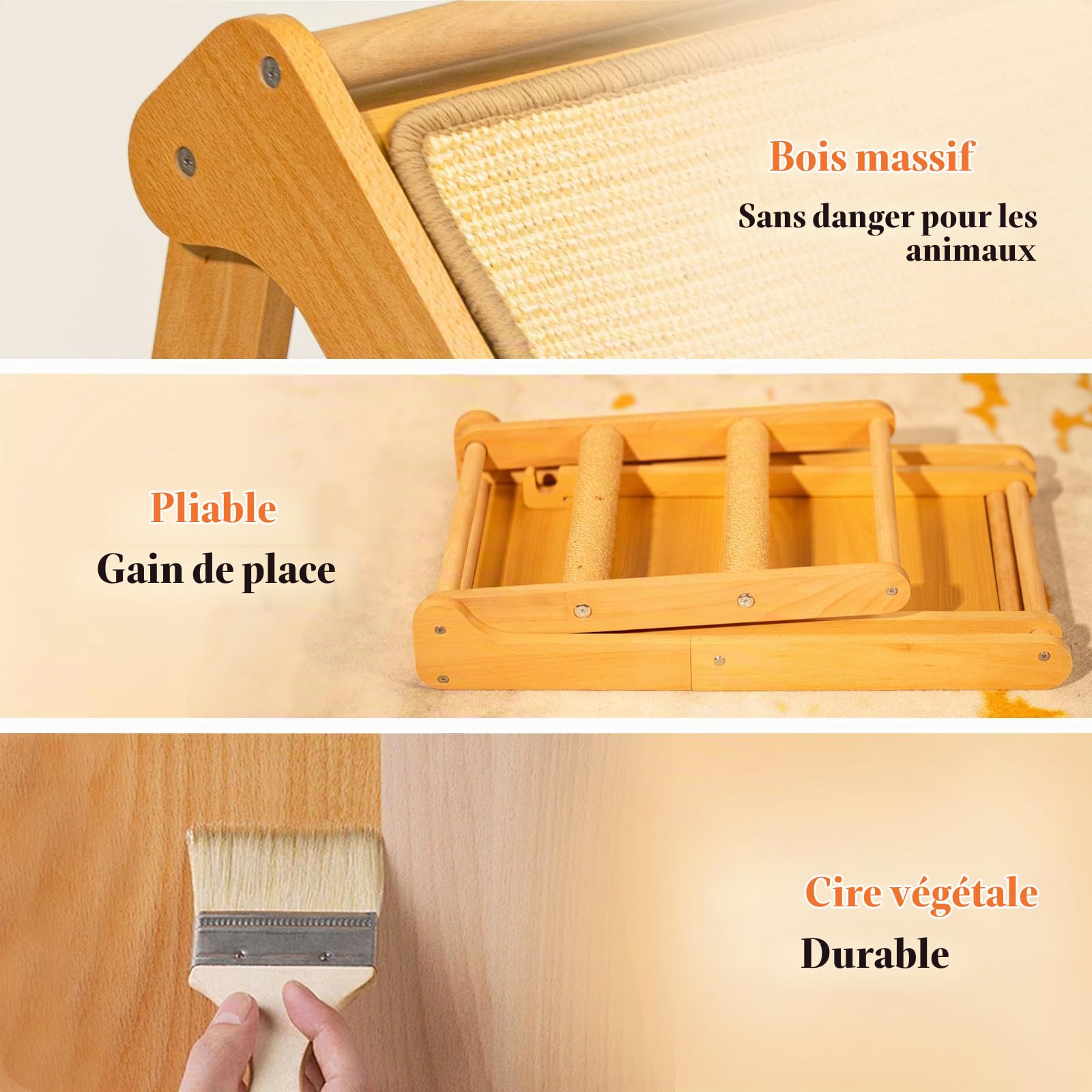 CheerPals Griffoir en sisal pour chat - Design triangulaire pliable - Bois de hêtre massif et tampon en sisal naturel - Grand 51 x 36 x 45 cm - Meubles pour animaux de compagnie pour tous les chats