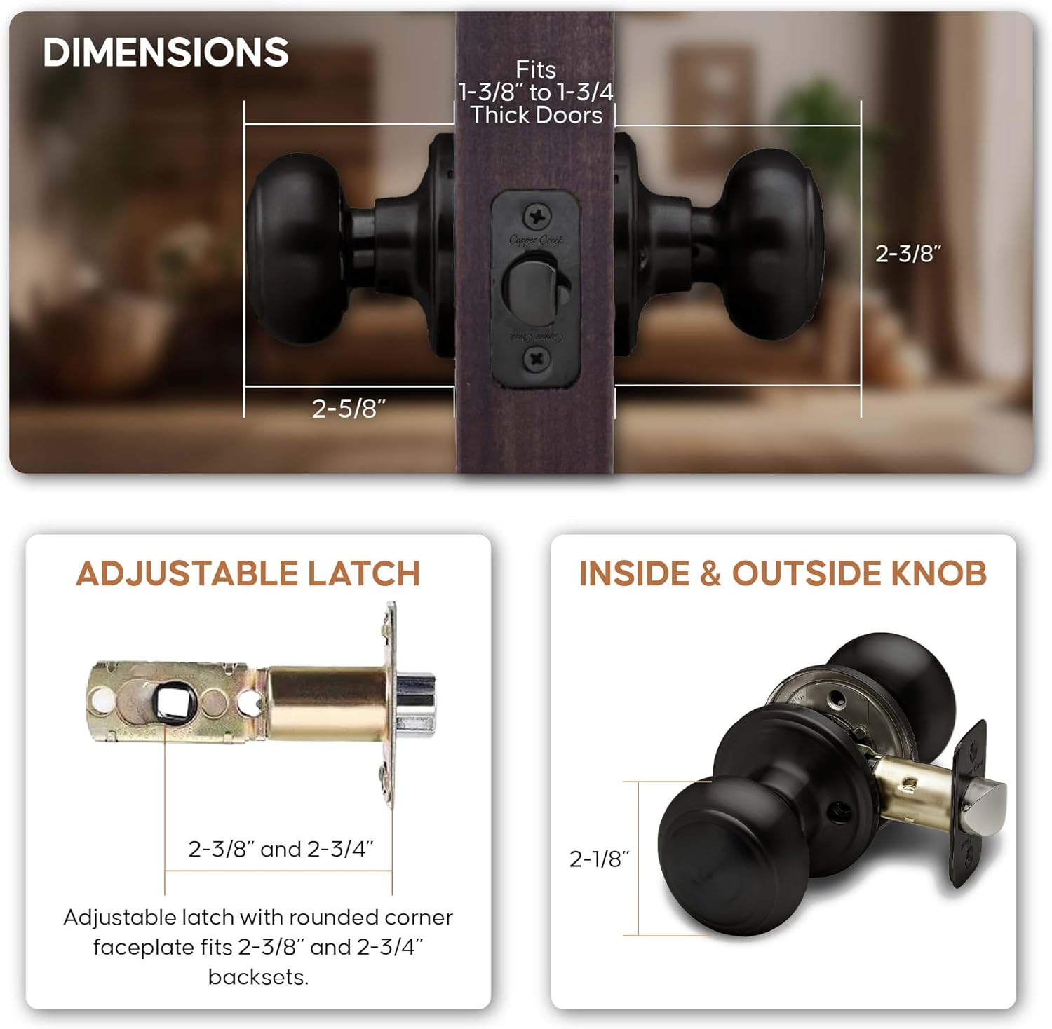 Copper Creek Colonial Passage Interior Door Knob – ANSI Grade-3 Certified, Modern Heavy Duty Handle, Easy Install and Reversible for Bedroom, Bathroom and Closets – Matte Black (3 Pack)