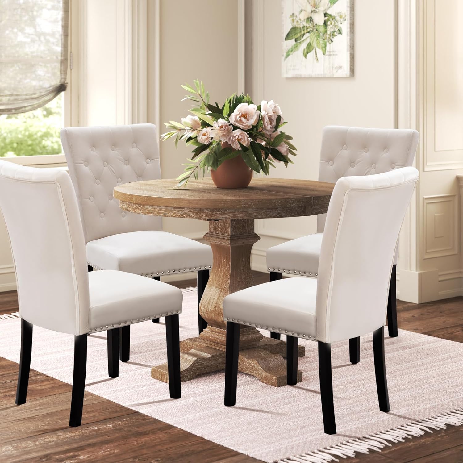 Retro Modern Velvet Dining Chairs Set of 2, Parsons American Style Kitchen Chairs with Nailhead Trim and Solid Wood Legs, Upholstered Tufted Armless Chairs for Dining Room Bedroom, Beige