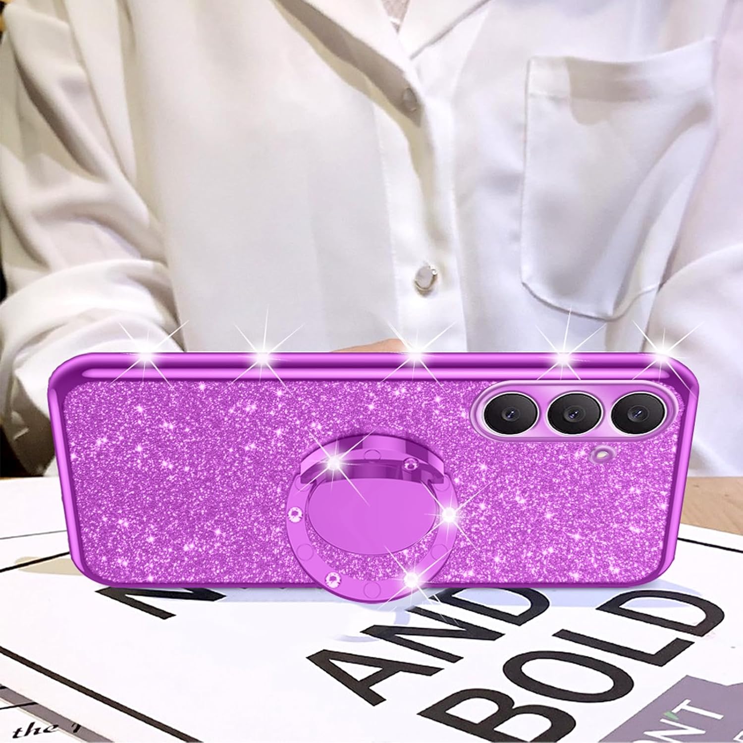 nancheng Bling Case for Samsung Galaxy S26 FE/S25 FE Phone Cover, Purple | women girls glitter phone case, tpu bumper shockproof protetion cover, 360° rotatable ring stand lanyard