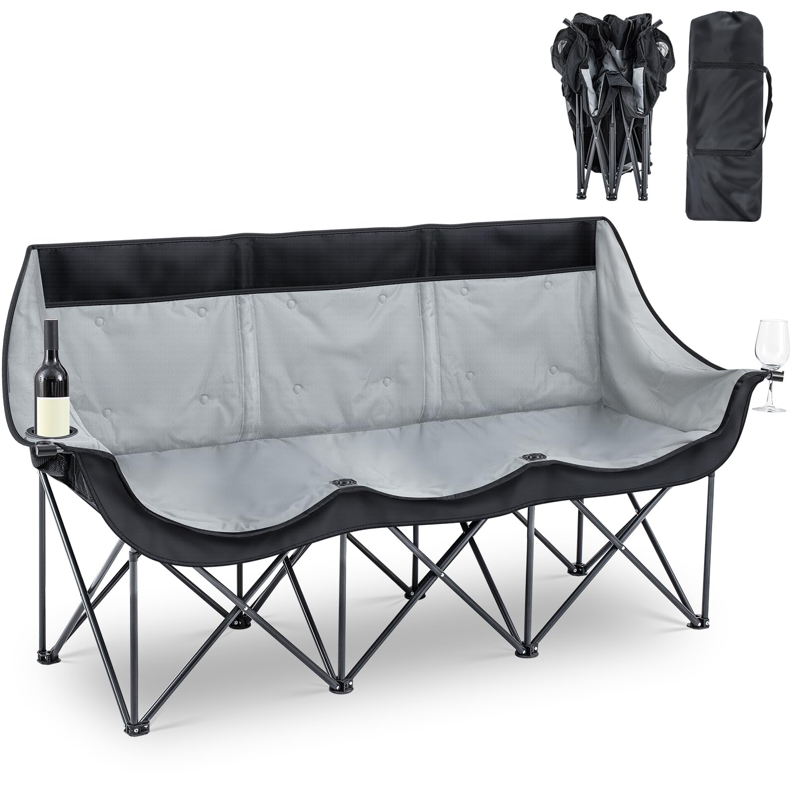 Teenyyou Oversized 2-3 Person Camping Chair Comfortable Outdoor Loveseat Camping Couch with Thick Padded Cushion, Cup Holder, Foldable Portable Sofa for Beach, Camp, Picnics Patio(Black)