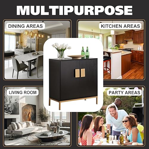 Miniatura 9 de Kings Brand Furniture - Armario de almacenamiento moderno de madera de 2 puertas para dormitorio sala de estar cocina oficina y pasillo negrodorado