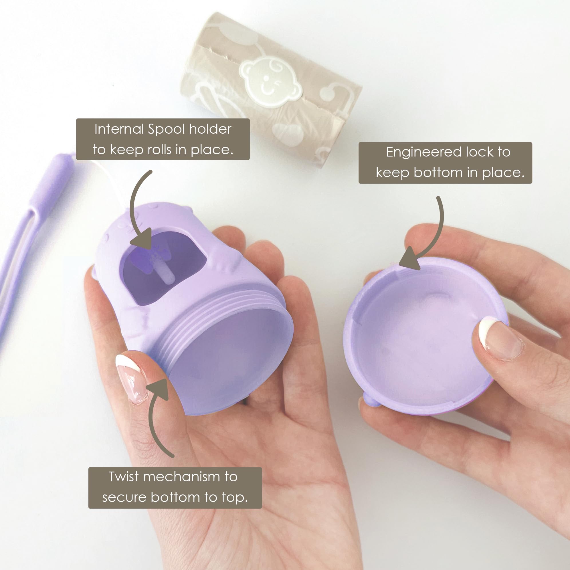 Moodie - Sacchetti usa e getta per pannolini, confezione da 105 sacchetti profumati alla lavanda, in totale e 1 dispenser per pannolini