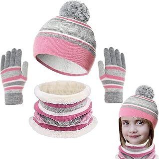 Bambino Cappello Inverno Sciarpa e Guanti 3 Pezzi Set Infantile Cappello a Maglia Berretto Caldo Fodera in Pile Polare con Pompon per Neonato Ragazze Ragazzi 3 a 8 Anni