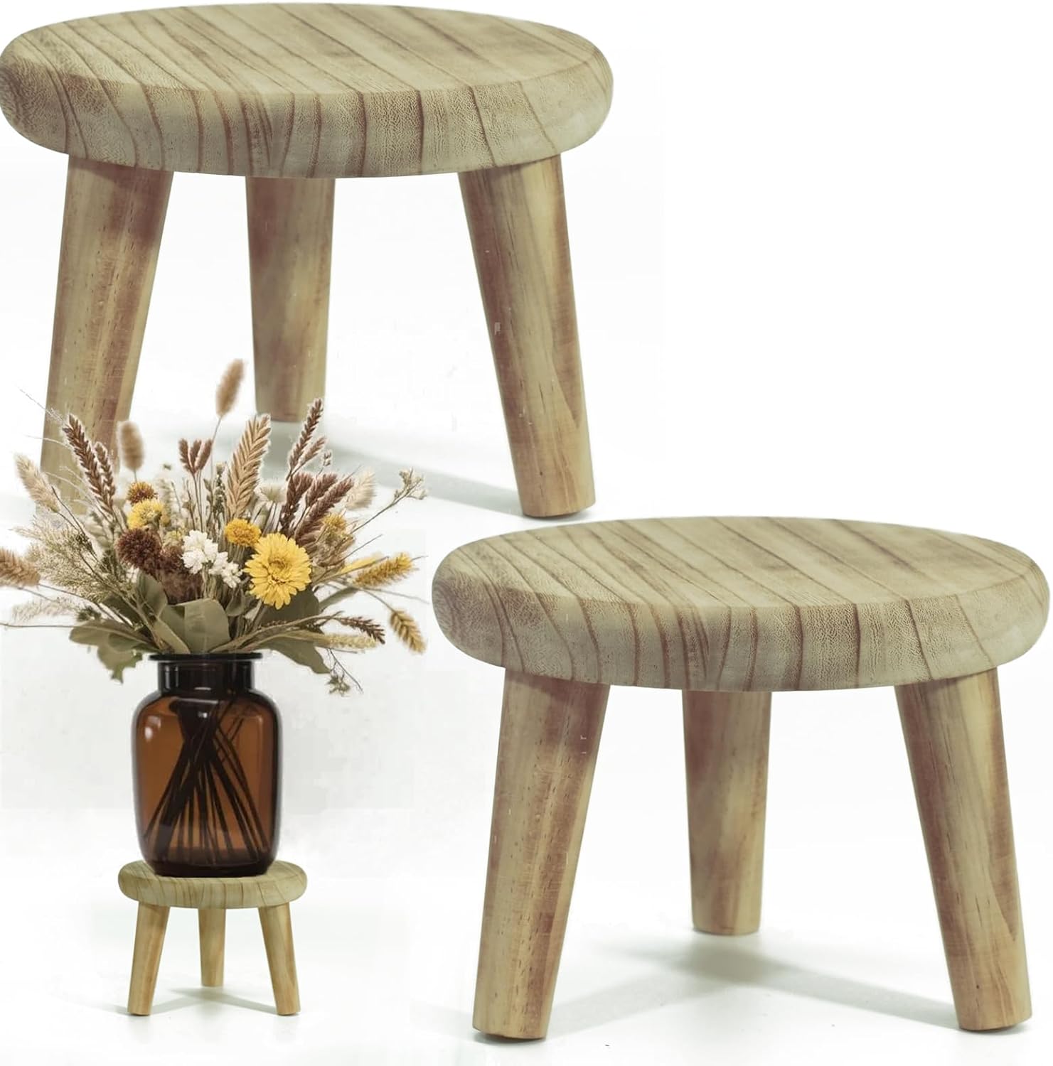 2Pcs Small Wooden Stools for Plants, Wood Stool Plant Stand, 8inch Solid Wood Garden Plant Pot Riser, Mini Round Flower Display Stand Plant Holder Indoor for Home Bonsai Potted Decor (Beige, M)