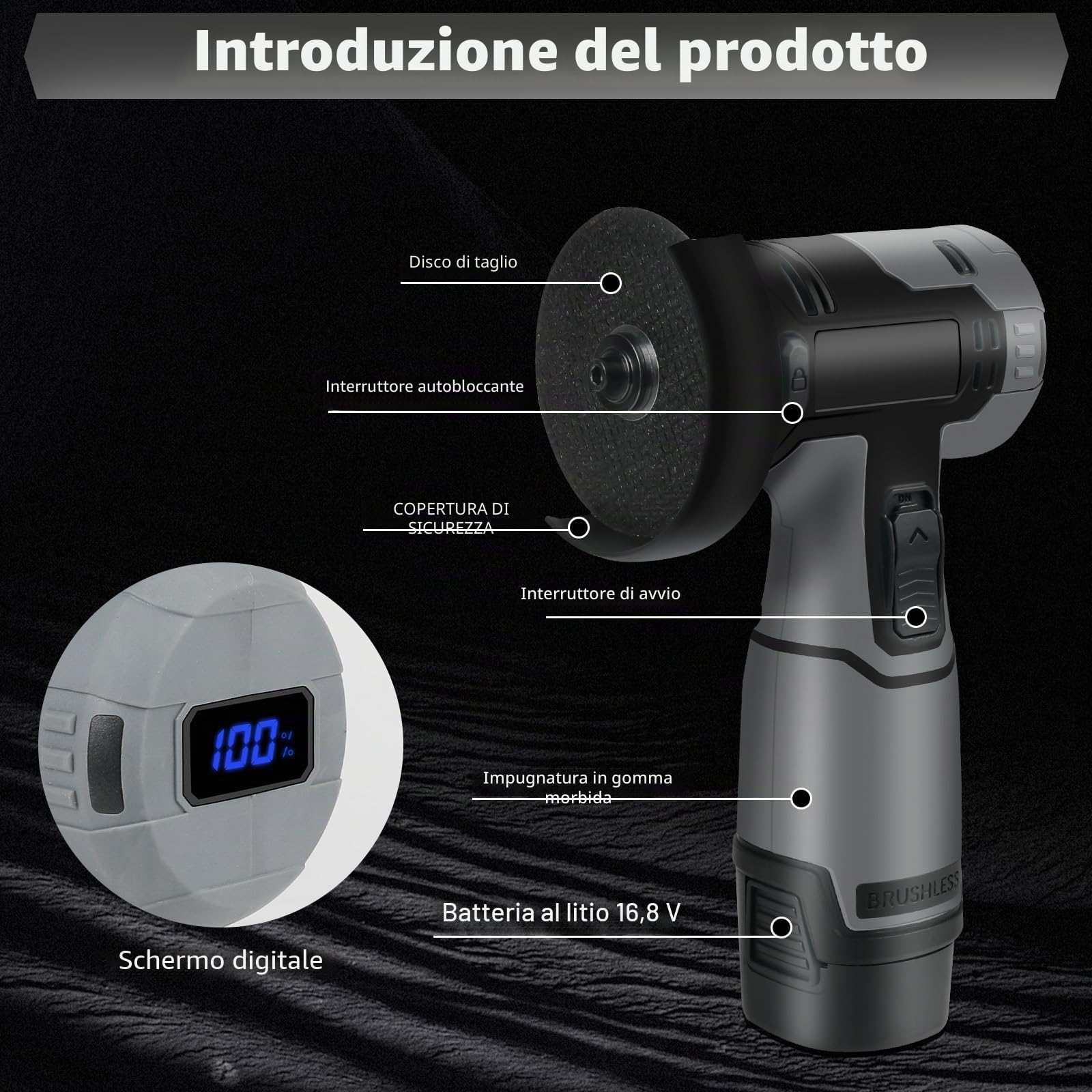 Smerigliatrice a Batteria 76MM, 32000 RPM Smerigliatrice Angolare, Mini Smerigliatrice a Batteria con 2 Batterie 16.8V 2500mAh e 4 Dischi da Taglio per Tagliare, Lucidare e Levigare