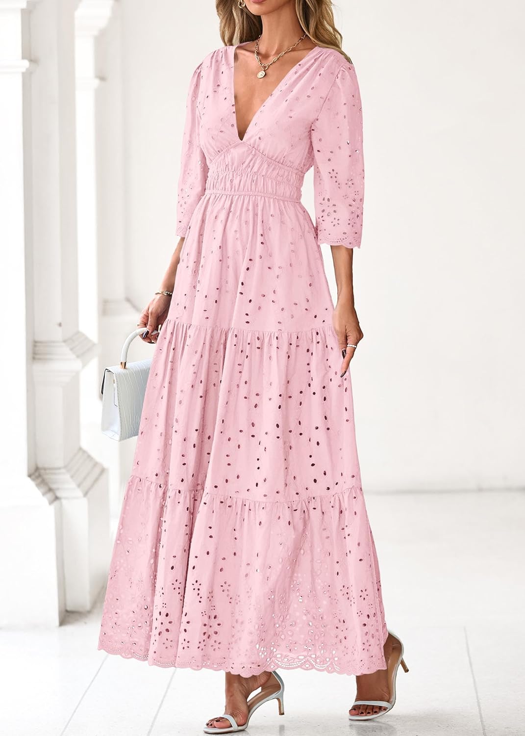 Lazysmile Long Sleeve Dresses for Women V Neck Hollow Out Eyelet Ruffle Swing A-Line Fall Vacation Boho Maxi Dress - Image 7