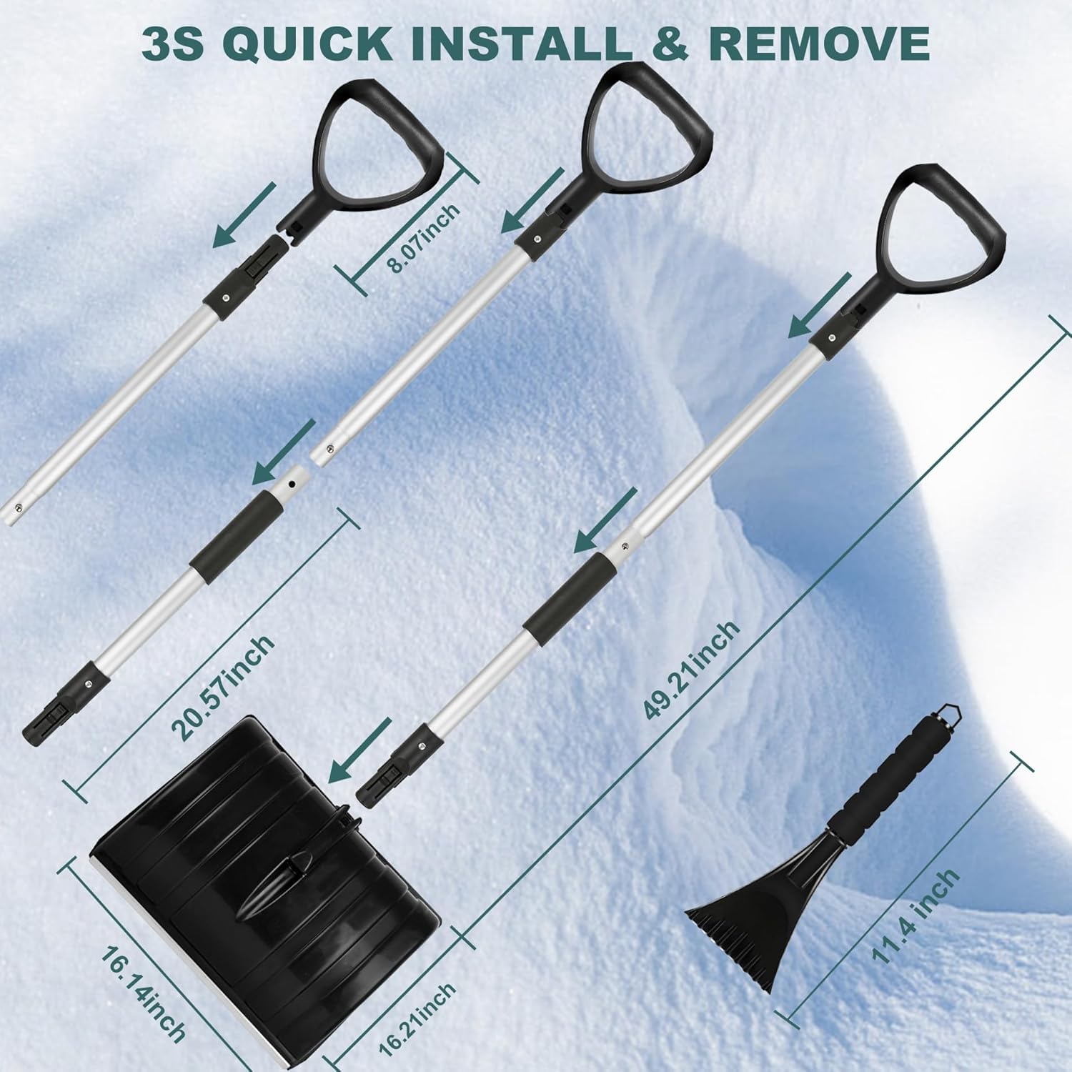 Pelle a Neige, réglable Portable Grande capacité,Profil en Aluminium Bord de Glissement, Conception Amovible,poignée en D pour la Conduite de Voiture de Jardin et Le Camping en Plein air