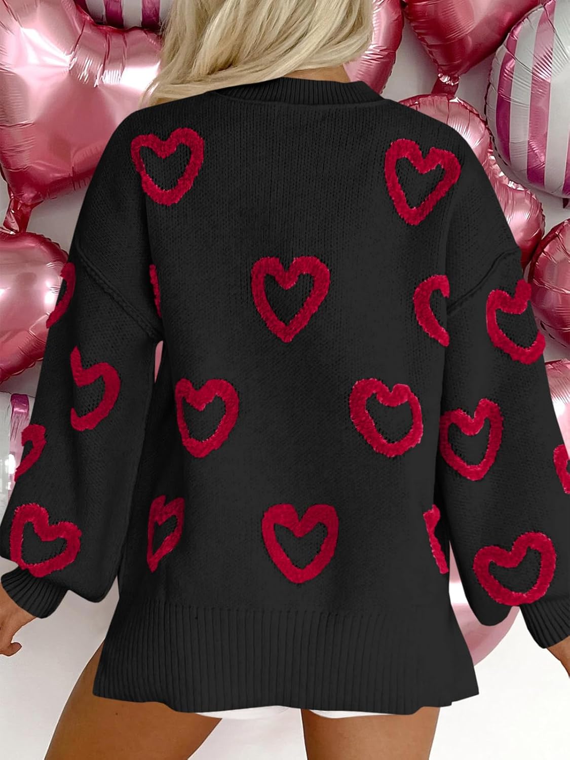 Saodimallsu Womens Heart Sweater Valentines Oversized Cute Winter Chunky Knit Crew Neck Side Slit Pullover Sweaters - Image 5