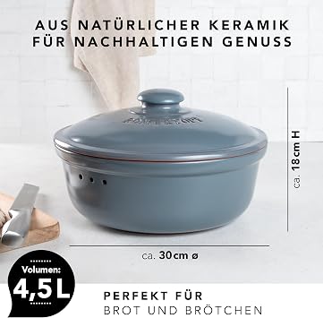 Römertopf Brottopf rund Ø 30 cm 45 L – Brotkasten aus Keramik mit Deckel für 1–2 Brotlaibe hält Brot und Brötchen länger frisch atmungsaktiver Tontopf – Blau-Grau