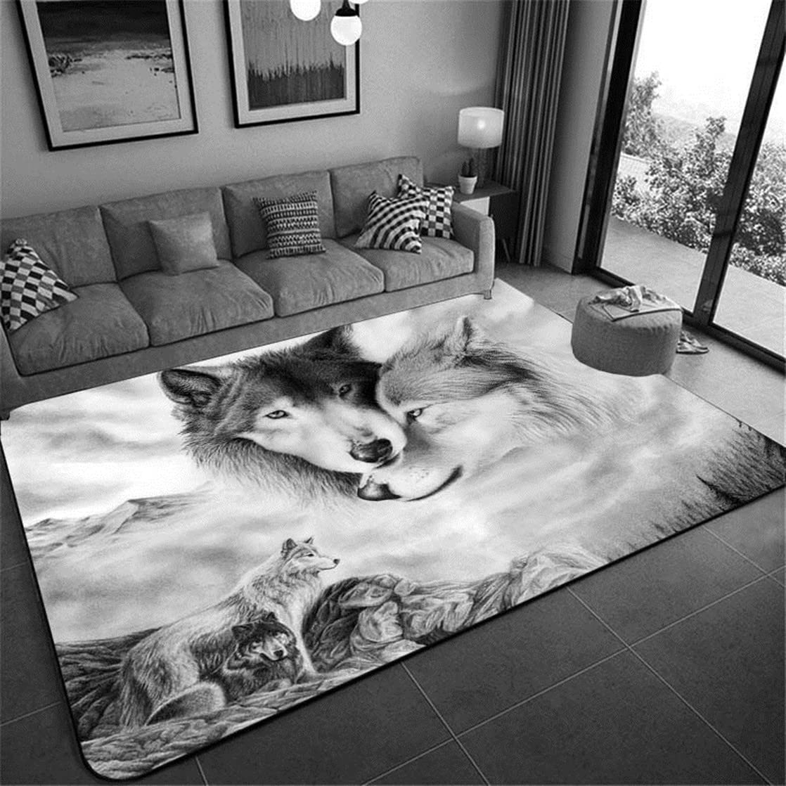 Tapis Imprimé Loup Pour Salon Chambre Décoration de la Maison Moderne Flanelle Antidérapante Chambre D'enfants Tapis de Sol de Jeu,Forêt Neige Nuit Ciel Lune Loups Motif (Gris,100x150 cm)