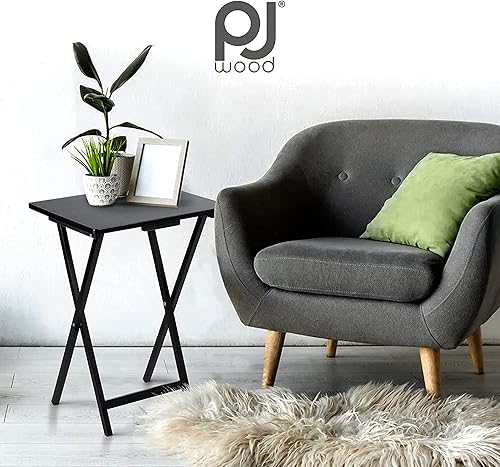 Miniatura 80 de PJ Wood Mesa rectangular plegable portátil para servir aperitivos, construcción de madera maciza con acabado natural (juego de 4 piezas)