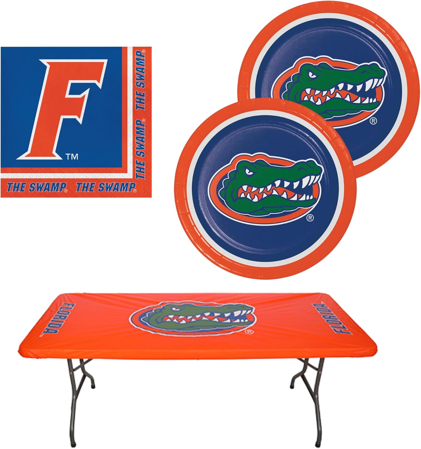 Collegiate Party Pack Officially Licensed Plates, Napkins, & 8' x 30" Tablecover, Bundle for 16 People, -Table Not Included- (University of Florida, Gators)