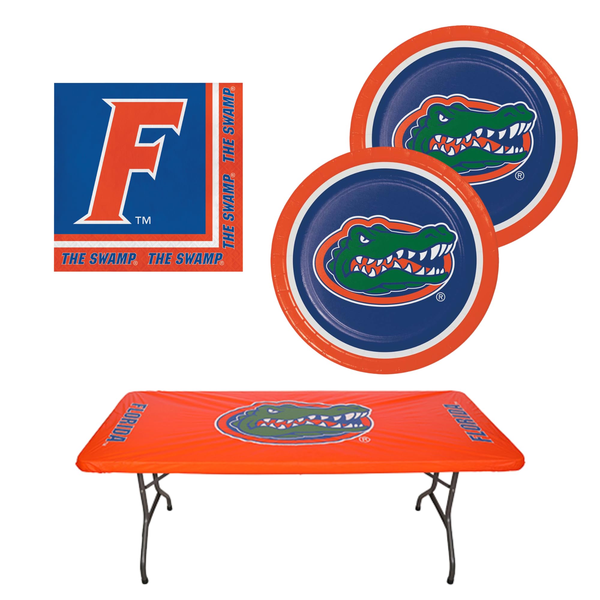 Collegiate Party Pack Officially Licensed Plates, Napkins, & 6' x 30" Tablecover, Bundle for 16 People -Table Not Included- (University of Florida,