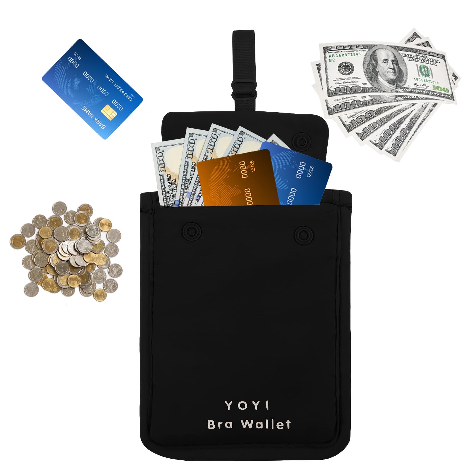 YOYI YOYI RFID Undercover BH-Geldbörse, Reisetasche, Geheimtasche – Kreditkarten & Geld & Wertsachen mit verstellbarem, elastischem Band, geeignet für alle BH-Größen, Schwarz, L-5.5'' x 4'',