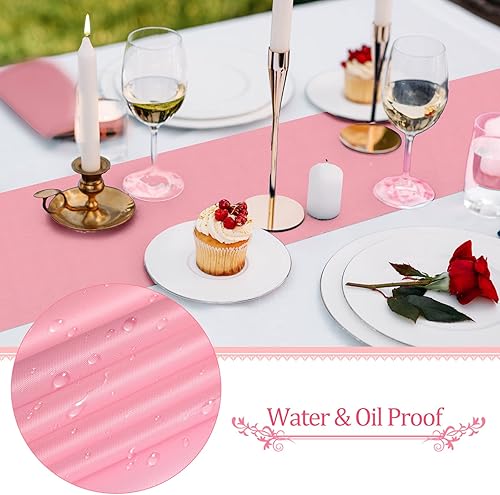 Miniatura 3 de Shimeyao Paquete de 12 caminos de mesa de satén rosa de 12 x 108 pulgadas con juego de manteles de plástico blanco, fundas rectangulares desechables