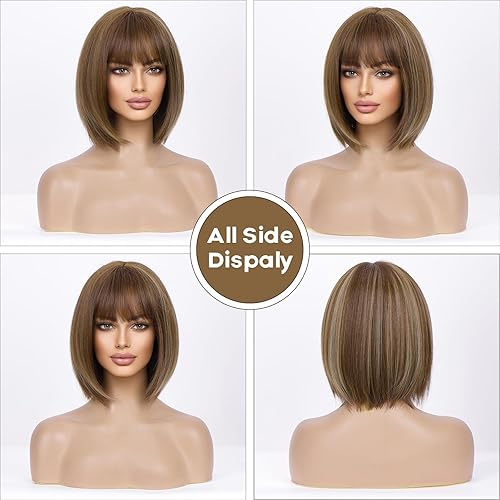 Miniatura 2 de EMMOR Peluca Bob marrón con flequillo, pelucas cortas estilo Bob de 13 pulgadas para mujer, resistente al calor, peluca sintética de aspecto natural