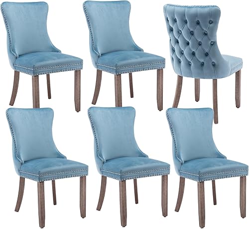 Miniatura 51 de Juego de 4 sillas de comedor de terciopelo negro, sillas de comedor tapizadas con respaldo copetudo con patas de madera maciza, sillas de comedor