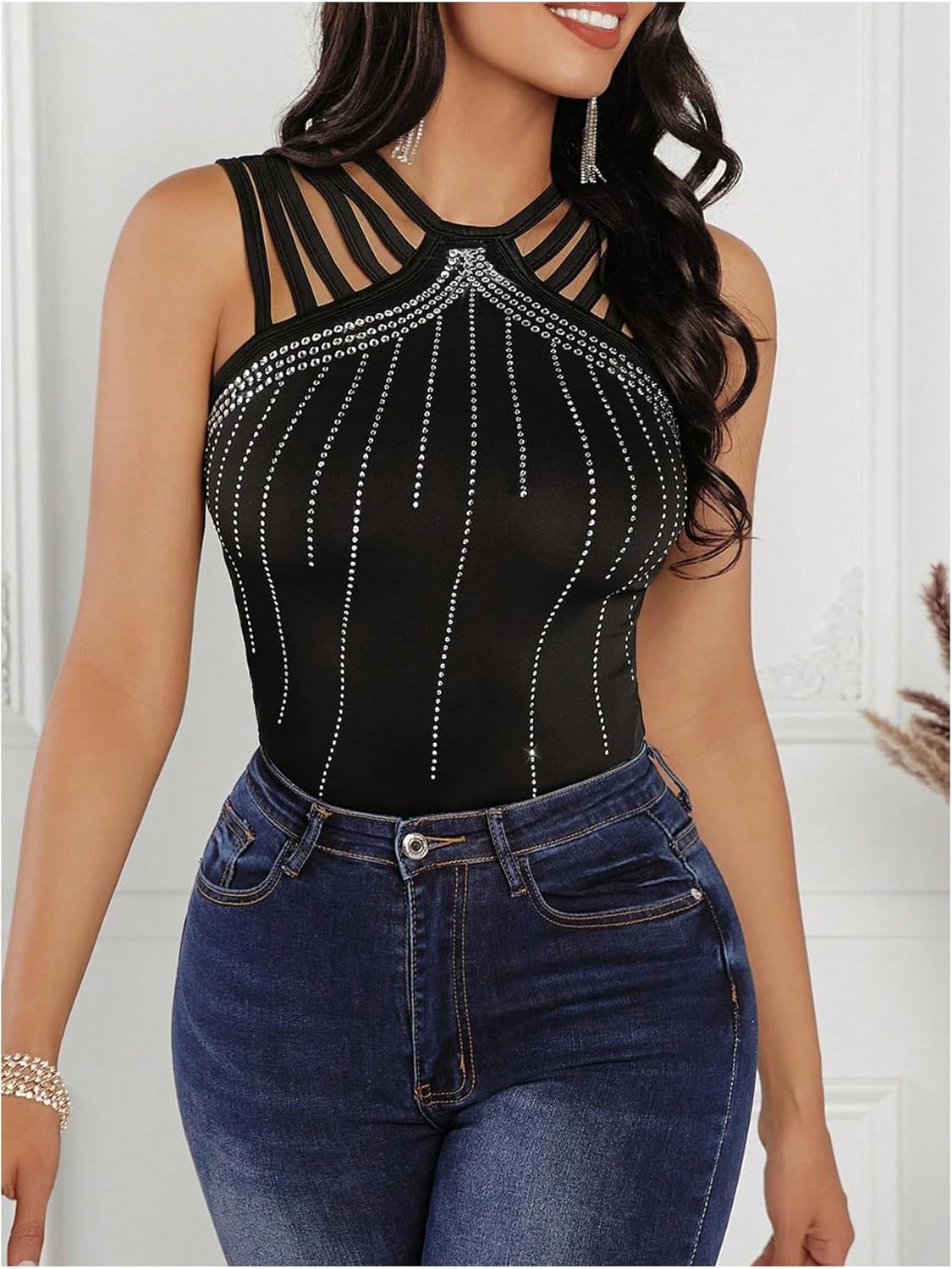 SOLY HUX Women's Tank Tops Sparkle Rhinestone Cut Out Sleeveless Slim Fit Party Top - Image 4