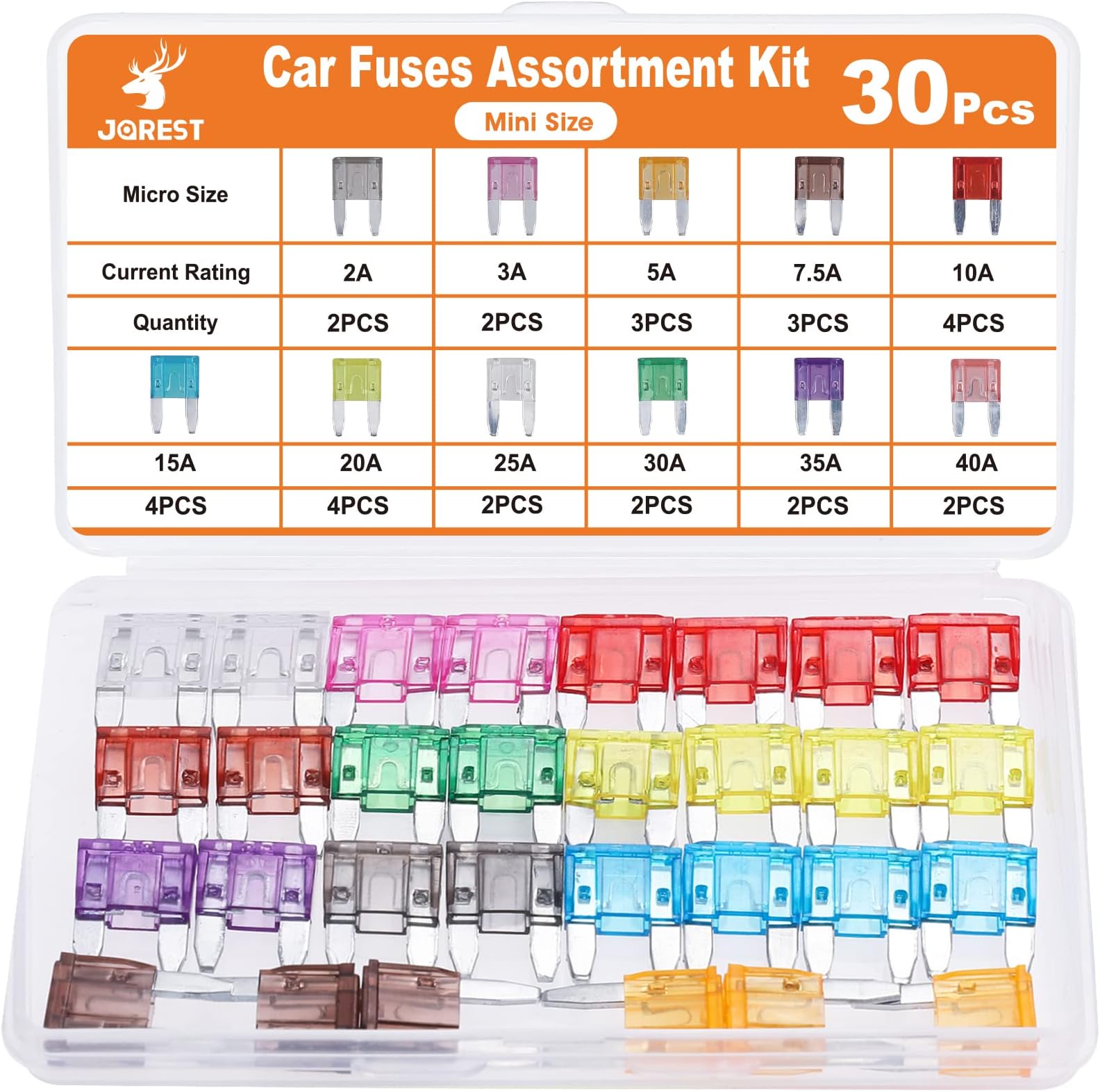 JOREST 30Pcs Mini Car Fuse Kit - Mini Blade Fuses Automotive - Replacement Fuses Assortment Kit for Car/RV/Truck/Motorcycle(2Amp 3A 5A 7.5A 10A 15A 20A 25A 30A 35A 40A)
