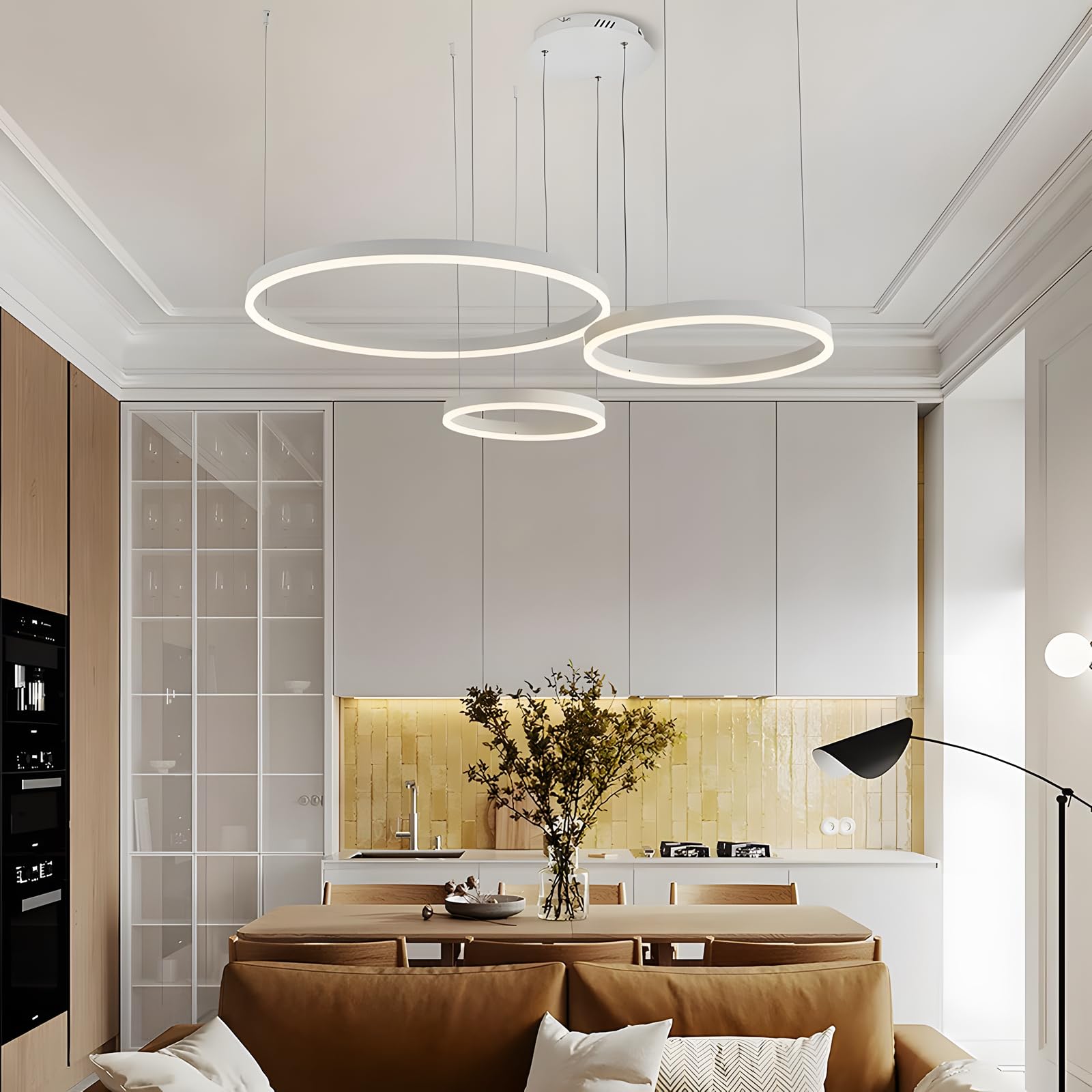 Lámpara LED Metal | 3 Círculos 40+60+80cm | 90W Lámpara Colgante Techo Anillos, Control Remoto Regulable 3000-6000 K, Lámpara Colgante Pantalla Acrílica Sala Dormitorio Vestíbulo【Blanco】