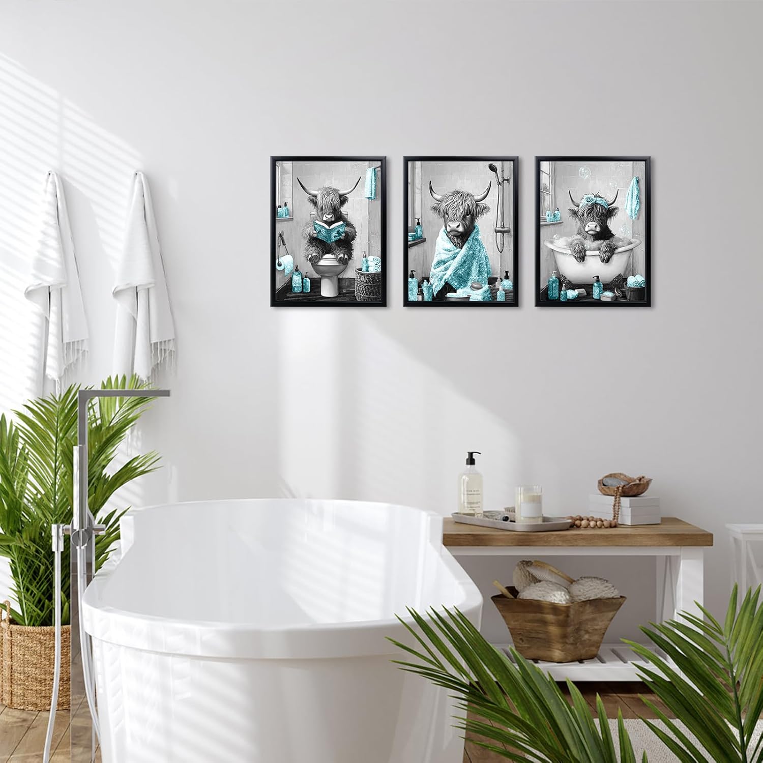sechars Highland Cow Bathroom Wall Art 3 Piece Funny Bathroom Pictures Canvas Print Grey and Teal Decor (Teal)