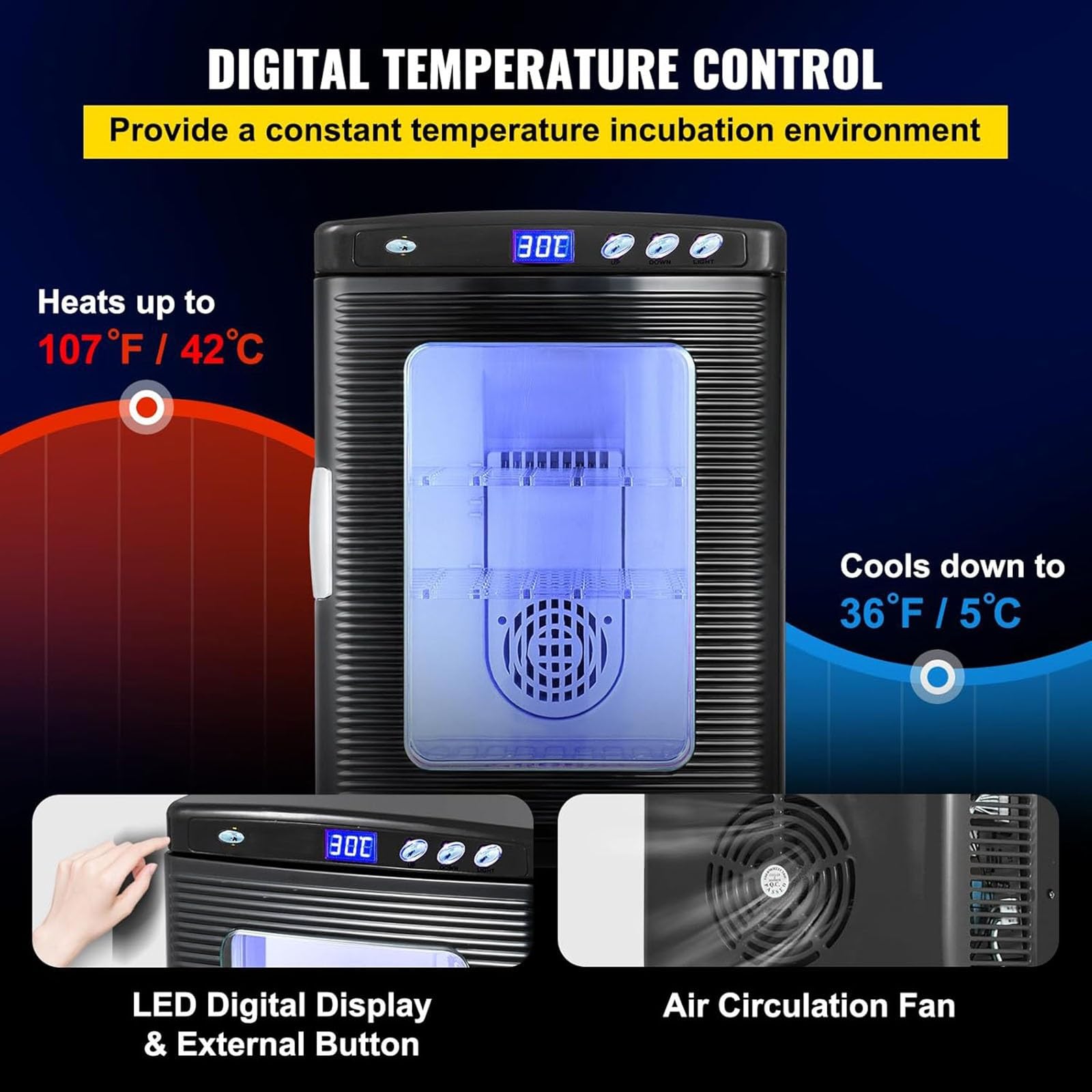 Incubadora de Huevos 25L Incubadora de Laboratorio Científica Con Calefacción Precisa 5–60°C/41–140°F, Incubadora Portátil para Incubar Huevos Con Alimentación AC DC