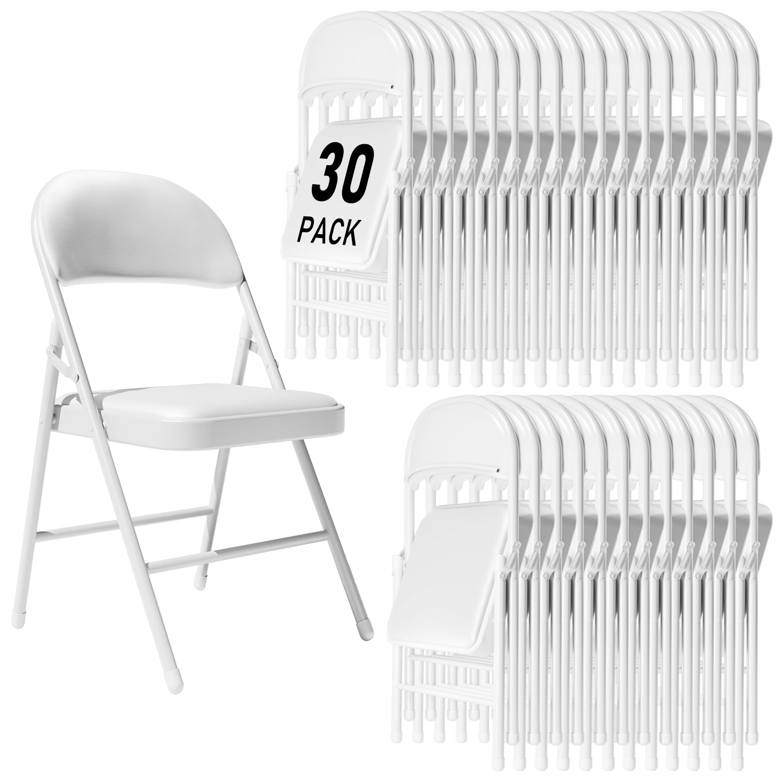 susici 30 Pack White Folding Chairs with Padded Cushion and Back for Outside Portable Stackable Commercial Foldable Chairs with Steel Frame for Events