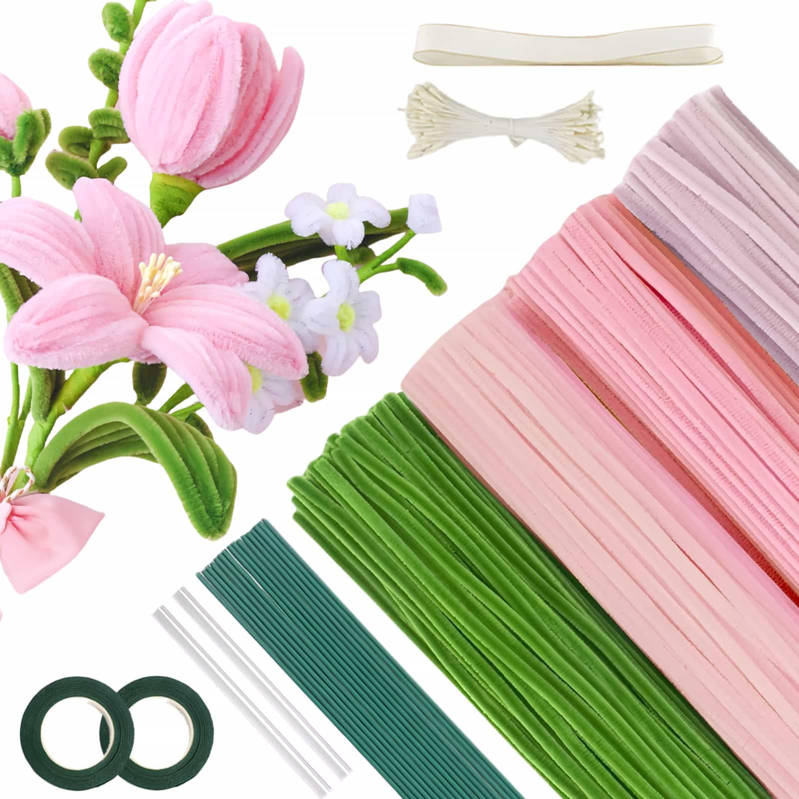 400Pcs Pipe Cleaners for Crafts Flowers Chenille Stems DIY Flower Making Kit with Floral Wires, Tape, Stamen & Ribbon, Pipe Cleaner for Tulip Bouquet, Fuzzy Sticks Arts & Crafts Supplies (﻿ Pink)